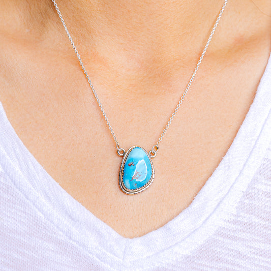 Turquoise oval pendant necklace with oval bezel, .925 sterling silver chain