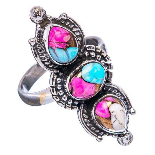 Silver-tone triple oval stone ring with turquoise, pink, and white cabochons