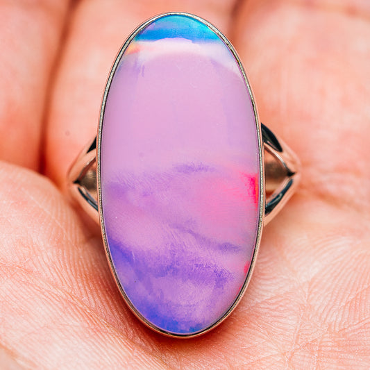 Oval opal ring in .925 sterling silver, iridescent lavender and blue center with pronged sides
