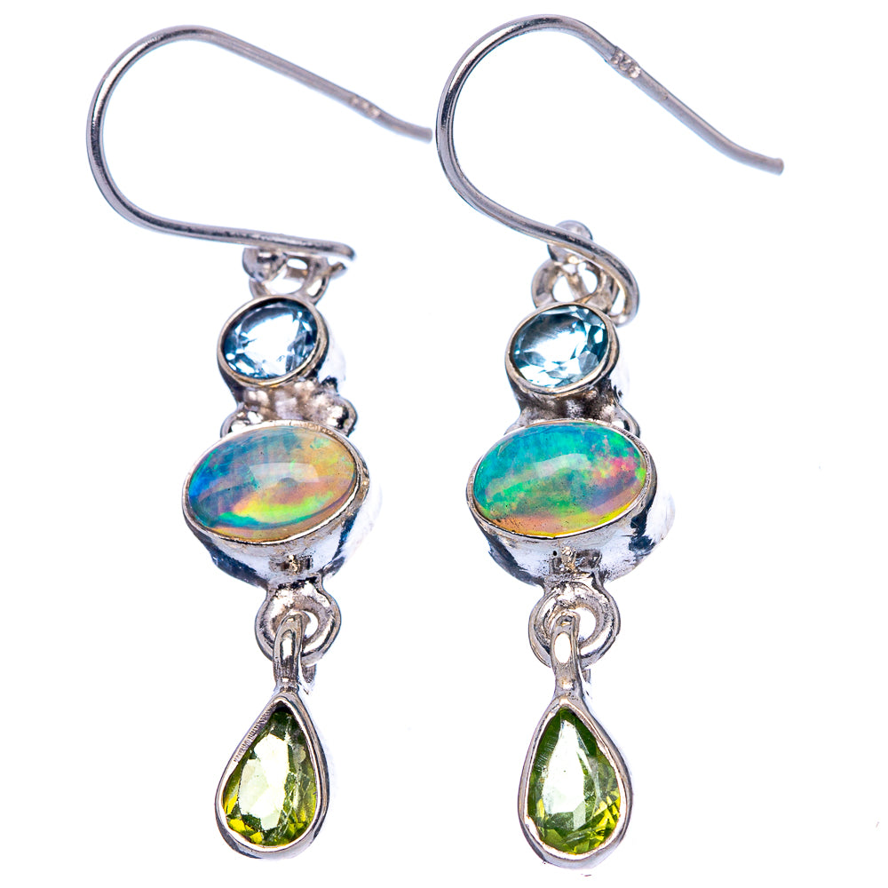 Sterling silver gemstone drop earrings: blue topaz, opal, and peridot teardrops