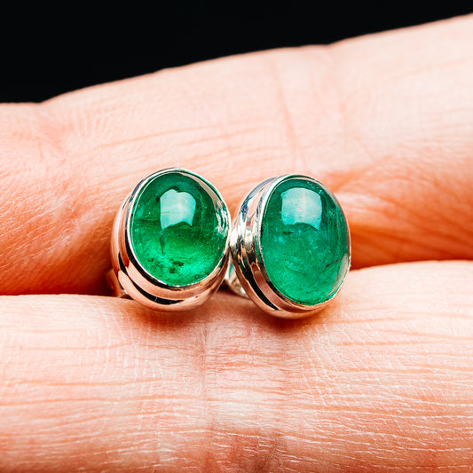 Oval green emerald stud earrings, .925 sterling silver bezel setting