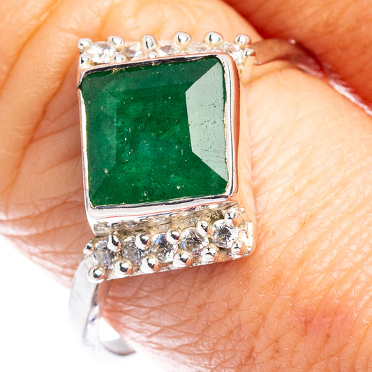 Sterling silver ring with square green emerald and crystal halo band