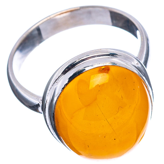Sterling silver amber ring, size 8, round-oval yellow gemstone bezel, side angle