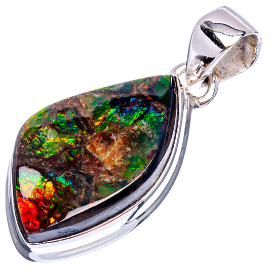 Teardrop ammolite pendant with .925 sterling silver frame and iridescent green-blue-red stone