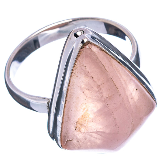 Sterling silver rose quartz ring with triangular pink cabochon, open bezel