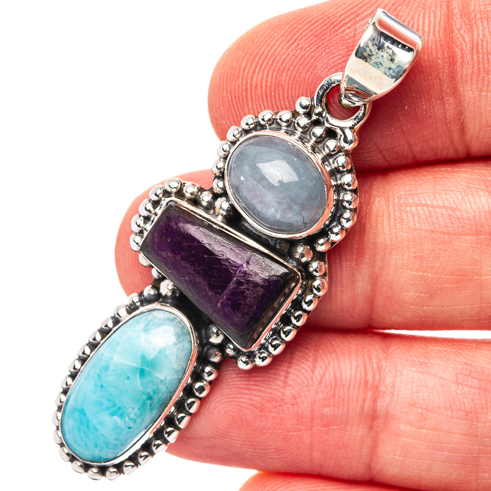 Premium Sugilite, Larimar, Aquamarine Pendant 2" (.925 Sterling Silver)