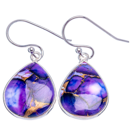 Purple-blue teardrop turquoise cabochon sterling silver hook earrings, gold veining