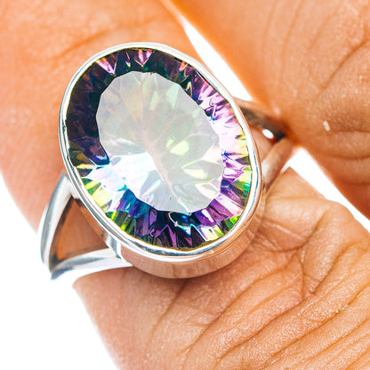 Mystic topaz oval ring in .925 sterling silver, rainbow faceted stone, size 7
