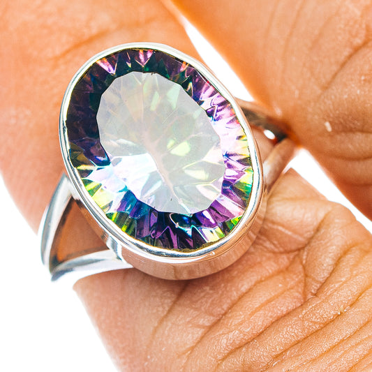 Mystic topaz oval ring in .925 sterling silver, rainbow faceted stone, size 7