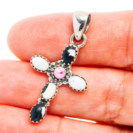 Southwestern Style White Buffalo Turquoise Cross, Cotton Candy Turquoise Pendant 1 5/8" (.925 Sterling Silver)