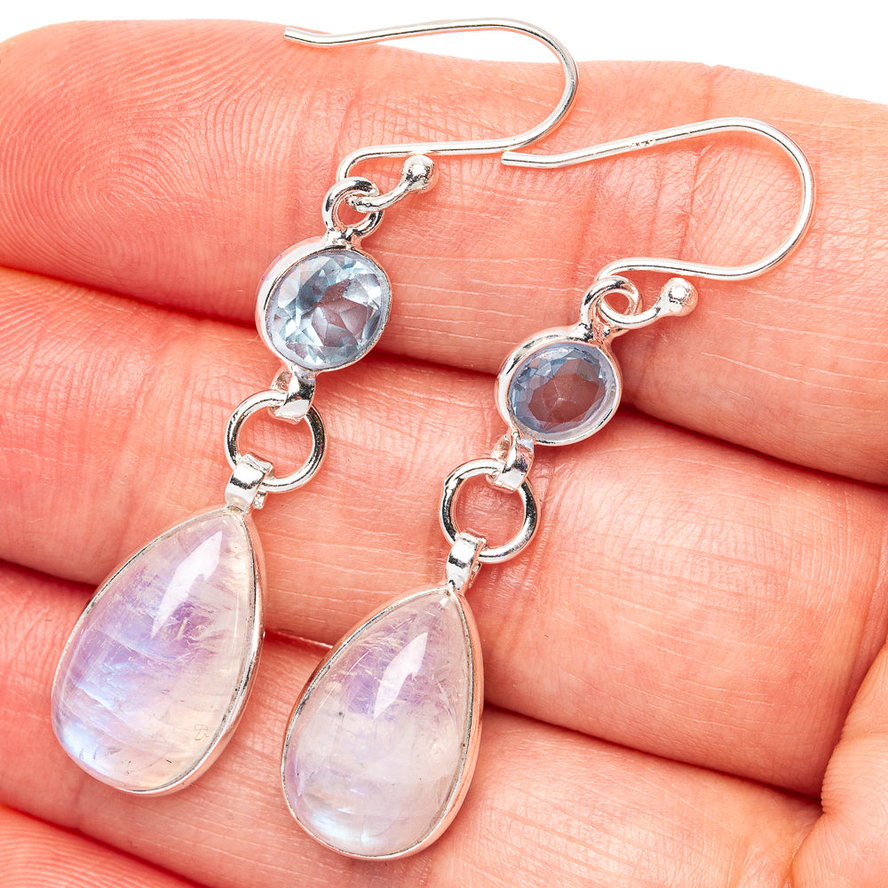 Rainbow Moonstone, Blue Topaz Earrings 1 7/8" (.925 Sterling Silver)
