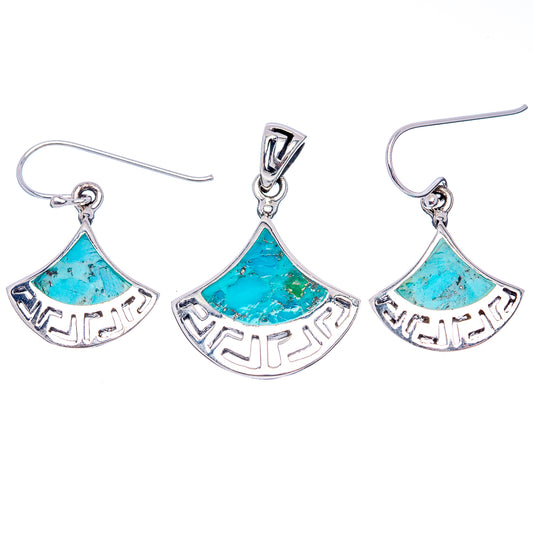 Fan-shaped turquoise drop earrings, engraved silver, three-piece display with hooks
