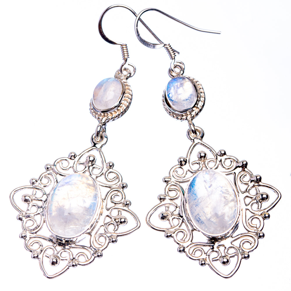 925 silver oval rainbow moonstone dangle earrings with top stones and filigree halos