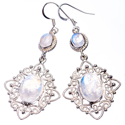 925 silver oval rainbow moonstone dangle earrings with top stones and filigree halos