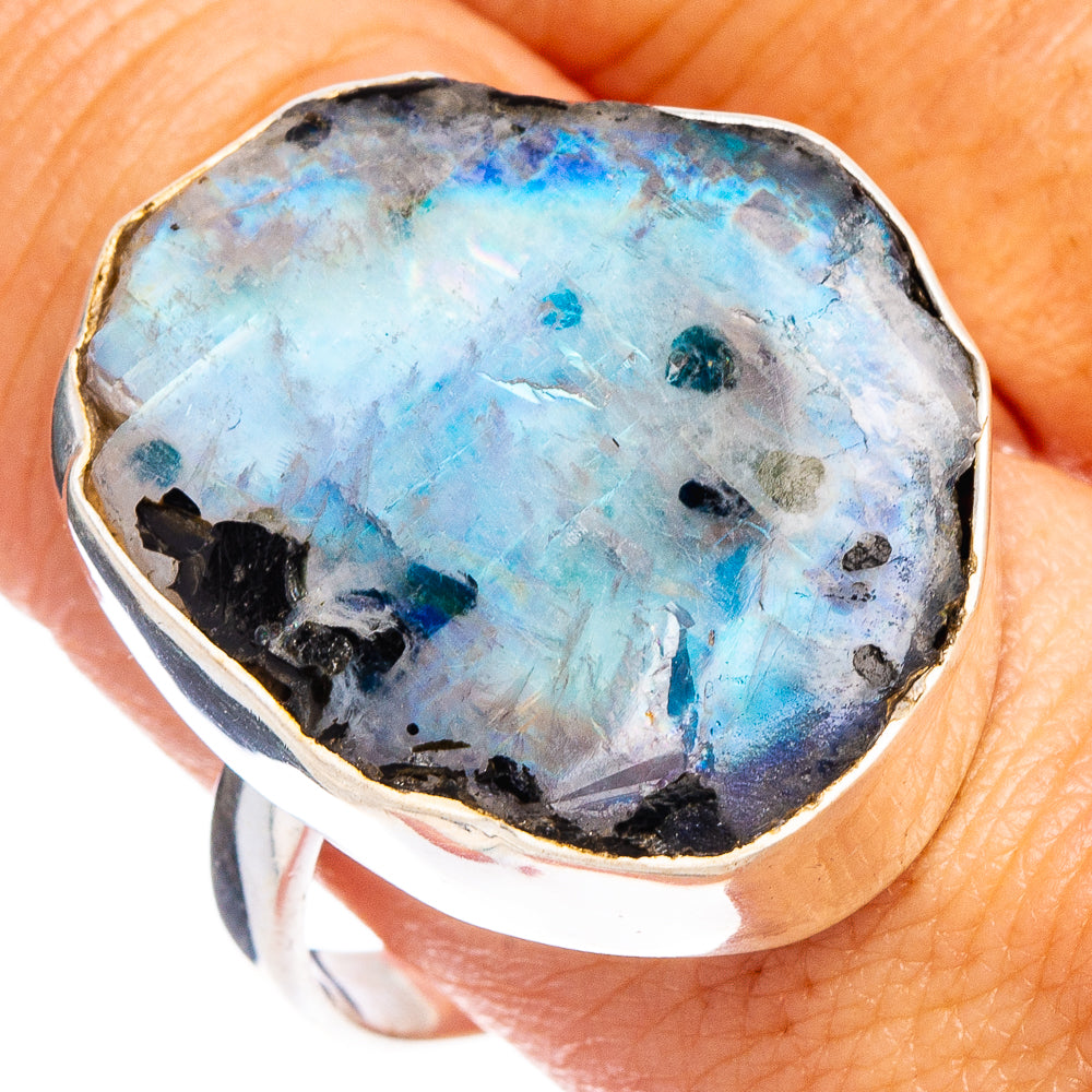 Rainbow Moonstone In Black Tourmaline Ring Size 11 (.925 Sterling Silver)