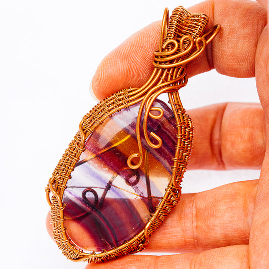 Banded Fluorite Wire Wrap Pendant 2 7/8" (Copper)