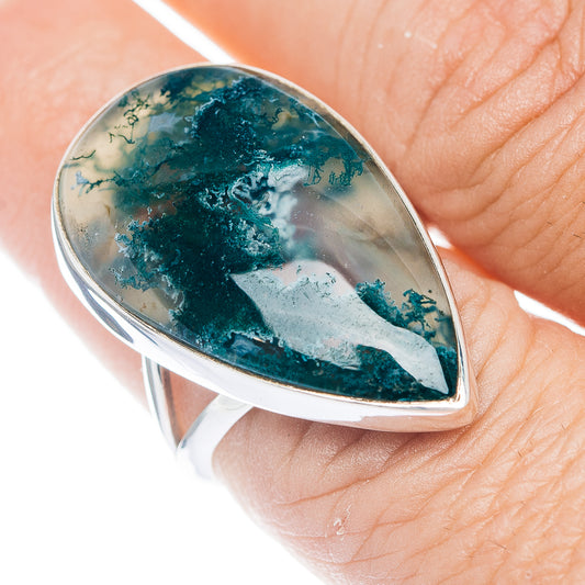 Sterling silver oval moss agate ring with teal and green cabochon, open view