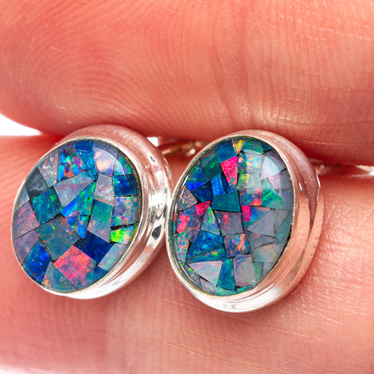 Opal mosaic stud earrings in .925 sterling silver, blue green pink pattern bezel setting