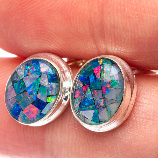 Opal mosaic stud earrings in .925 sterling silver, blue green pink pattern bezel setting