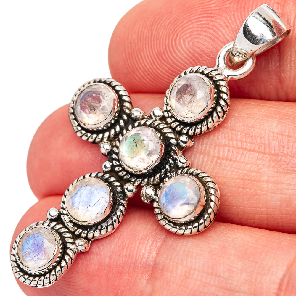 Rainbow Moonstone Cross Pendants 1 3/4" (925 Sterling Silver) P42369