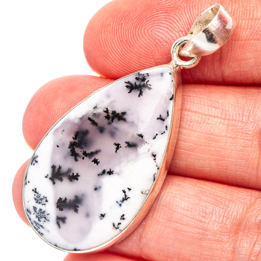 Sterling silver teardrop dendrite agate pendant with loop bail, black dendrites on white stone