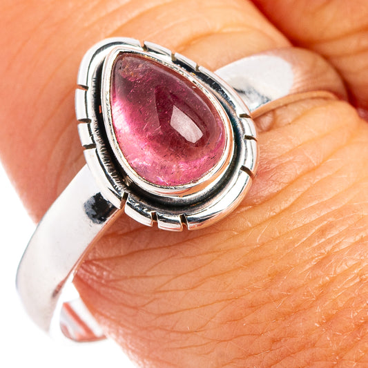Pink teardrop tourmaline bezel ring in .925 sterling silver, size 10.25