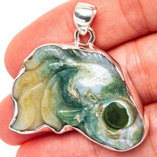 Ocean jasper pendant with green and white banded stone in .925 sterling silver bezel