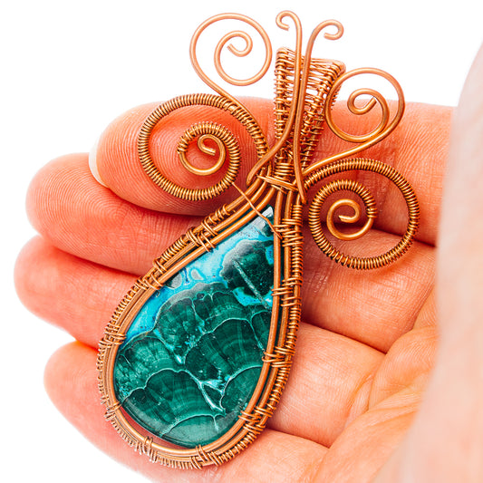 Malachite In Chrysocolla Wire Wrap Pendant 2 5/8" (Copper)
