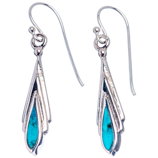 Turquoise teardrop dangle earrings, .925 sterling silver with leaf-shaped openwork