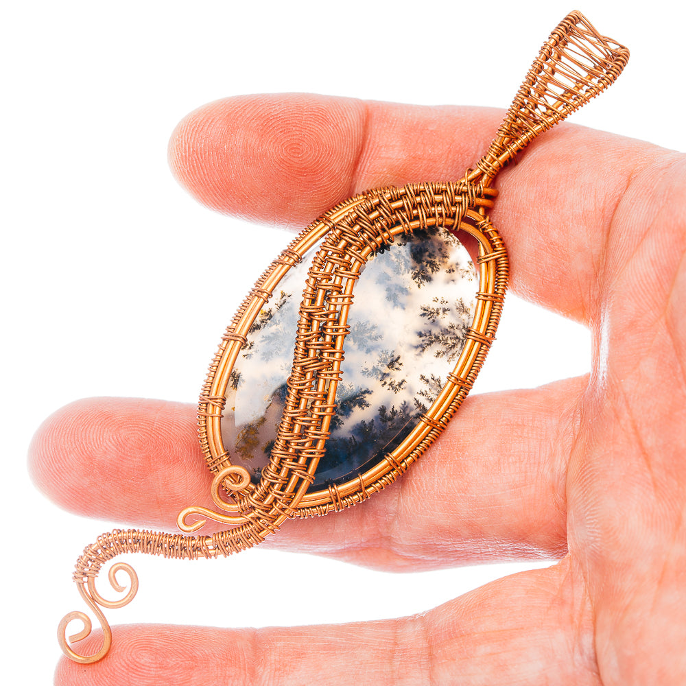 Copper wire-wrap pendant with oval opal dendrite stone, teardrop loop bail.