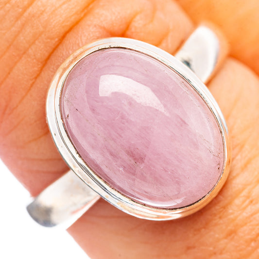 Sterling silver oval kunzite cabochon ring with pink gemstone bezel setting