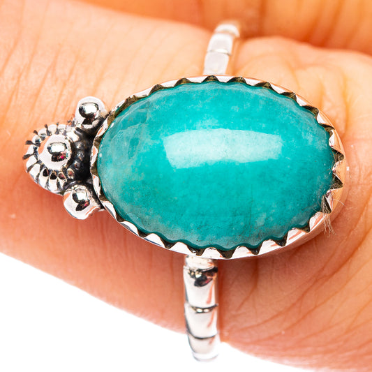 Oval amazonite gemstone sterling silver ring with ornate side band, size 7.25
