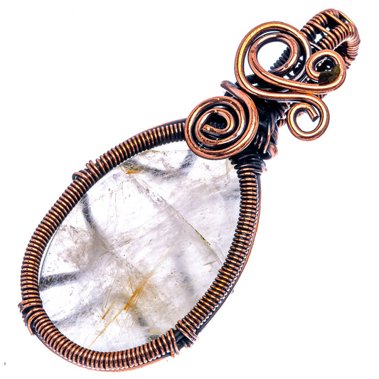Oxidized copper wire-wrapped rutilated quartz teardrop pendant, blackened coils and spirals.