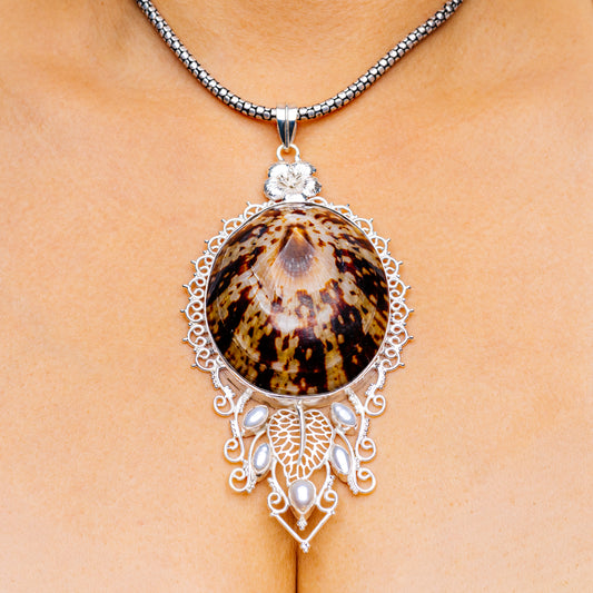 Gigantic Limpet Shell, Cultured Pearl Pendant 5 1/8" (.925 Sterling Silver)