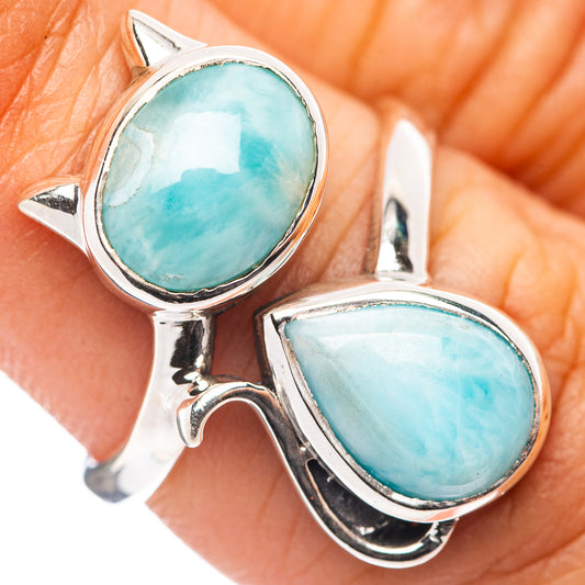 Larimar cat ring, size 6, .925 sterling silver with two oval blue-green stones