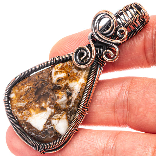 Oxidized copper wire-wrap agate pendant with teardrop stone, spiral wire detail