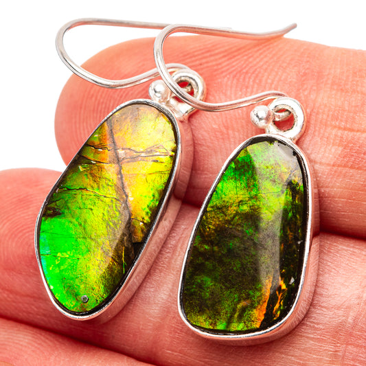 Sterling silver ammolite drop earrings with oval green-yellow iridescent stone