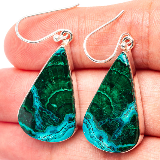 Teardrop malachite stone earrings with turquoise veining, green face, silver fishhook