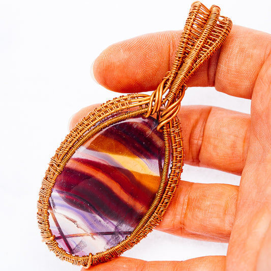Banded Fluorite Wire Wrap Pendant 3 1/2" (Copper)