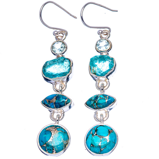 Premium Blue Copper Composite Turquoise, Apatite, Blue Topaz Earrings 2 1/4" (925 Sterling Silver) E1776