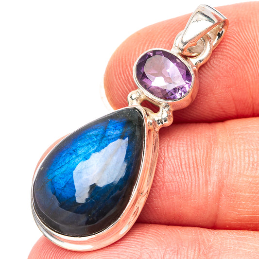 Amethyst and labradorite sterling silver pendant with oval purple stone, blue teardrop