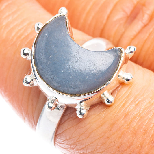 Sterling silver angelite moon ring, size 7.75, blue cabochon with star prong details