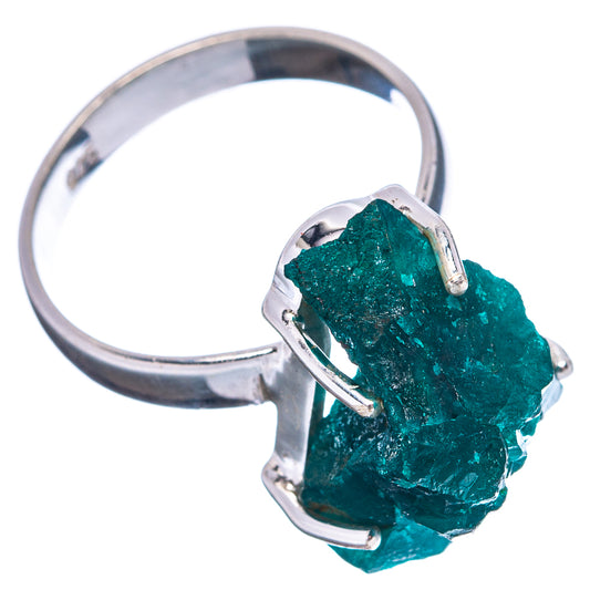 Dioptase gemstone ring, teal rough crystal set in .925 sterling silver band.