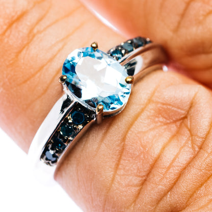 Blue Topaz, Blue Diamond Ring Size 6.75 (.925 Sterling Silver)