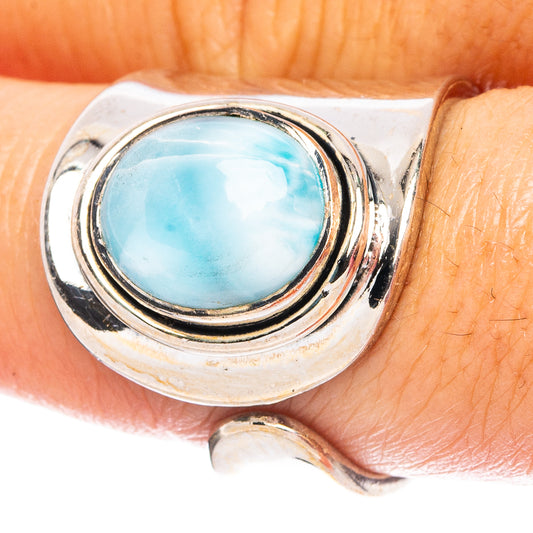 Oval larimar cabochon sterling silver ring with double bezel and polished band
