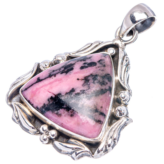 925 sterling silver rhodonite pendant with pink, black stone in ornate frame