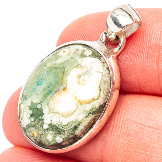 Rainforest jasper oval cabochon pendant, .925 sterling silver bezel, green and cream