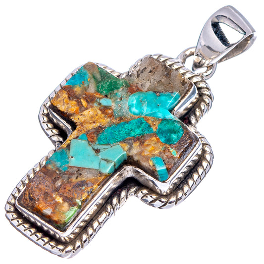 Turquoise and brown matrix stone pendant, ornate .925 sterling silver frame with bail