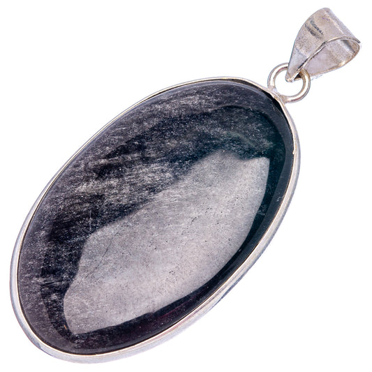 Oval dark blue-gray obsidian pendant with silver-plated bezel and loop bail