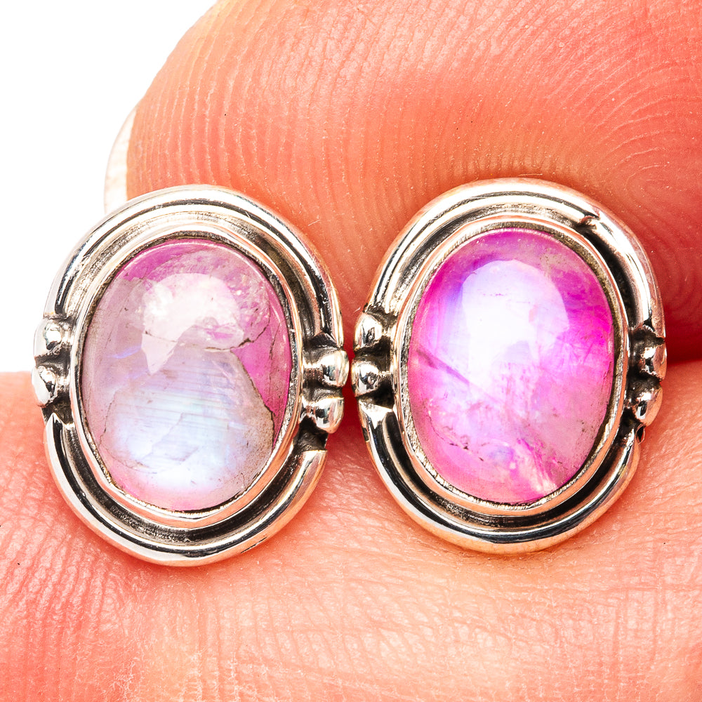 Sterling silver earrings with oval pink moonstone cabochons and bezel frames